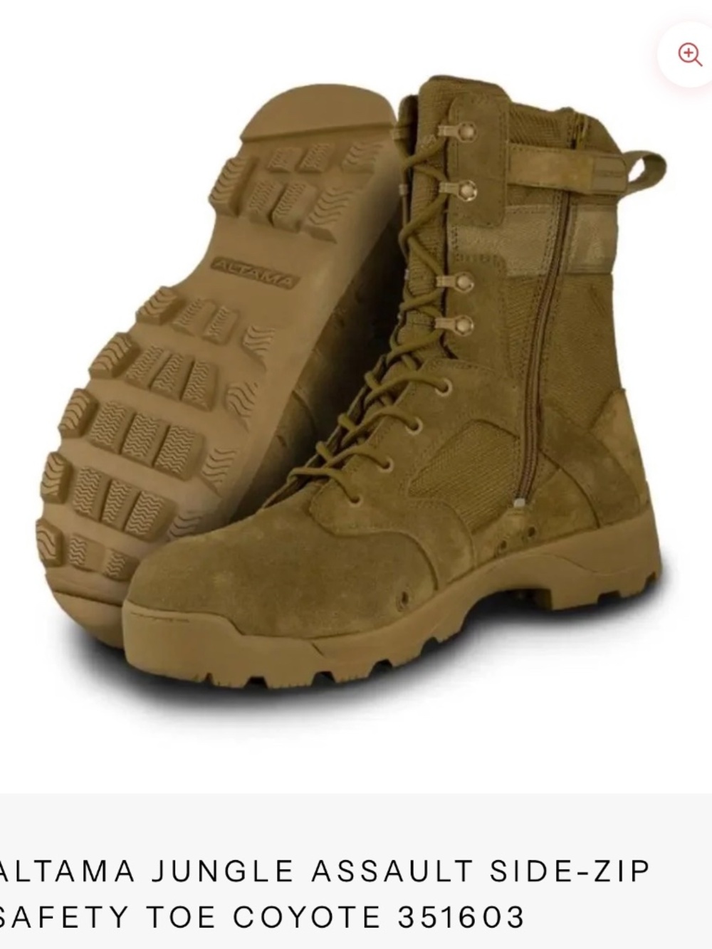 Altama Jungle Assault Boots, side zip, coyote brown, size 12W, safety toe